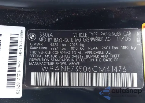 2006 BMW 530I z USA, uszkodzony, nr VIN WBANE73506CM41476